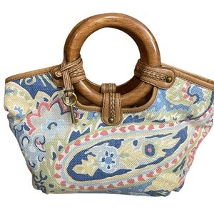 Fossil wood handled canvas & leather purse, bag
